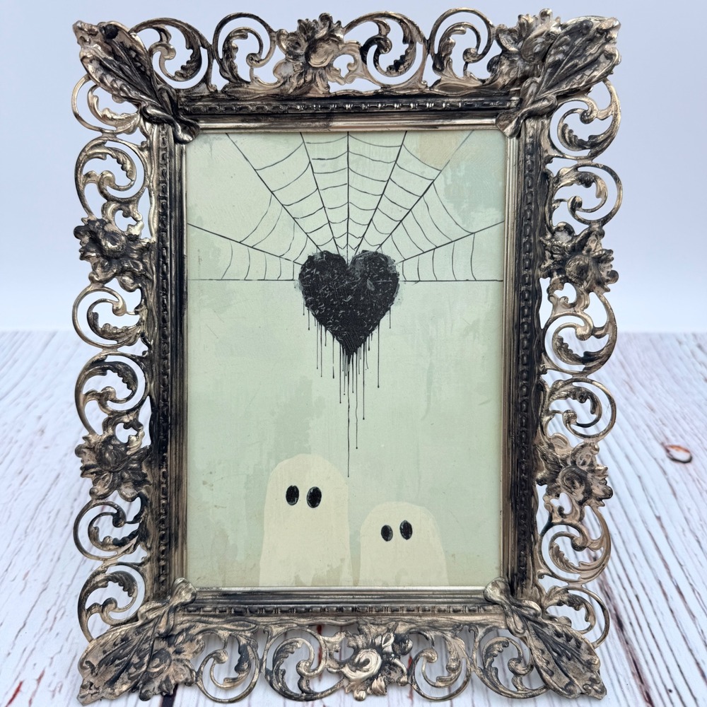 Original Ghost Heart Spiderweb Art in Ornate Silver Filigree Metal Frame 7x9